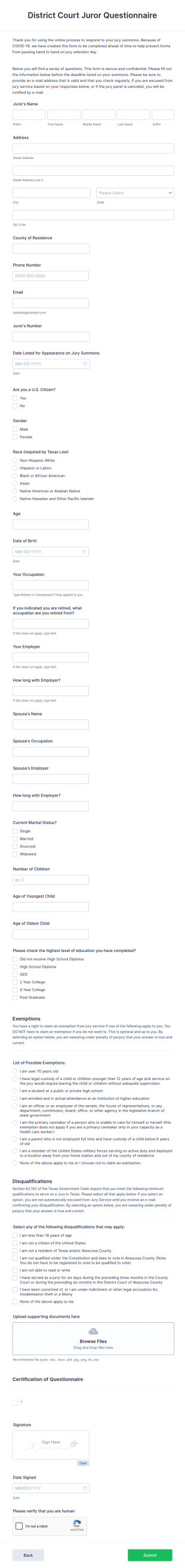 District Court Juror Questionnaire Form Template