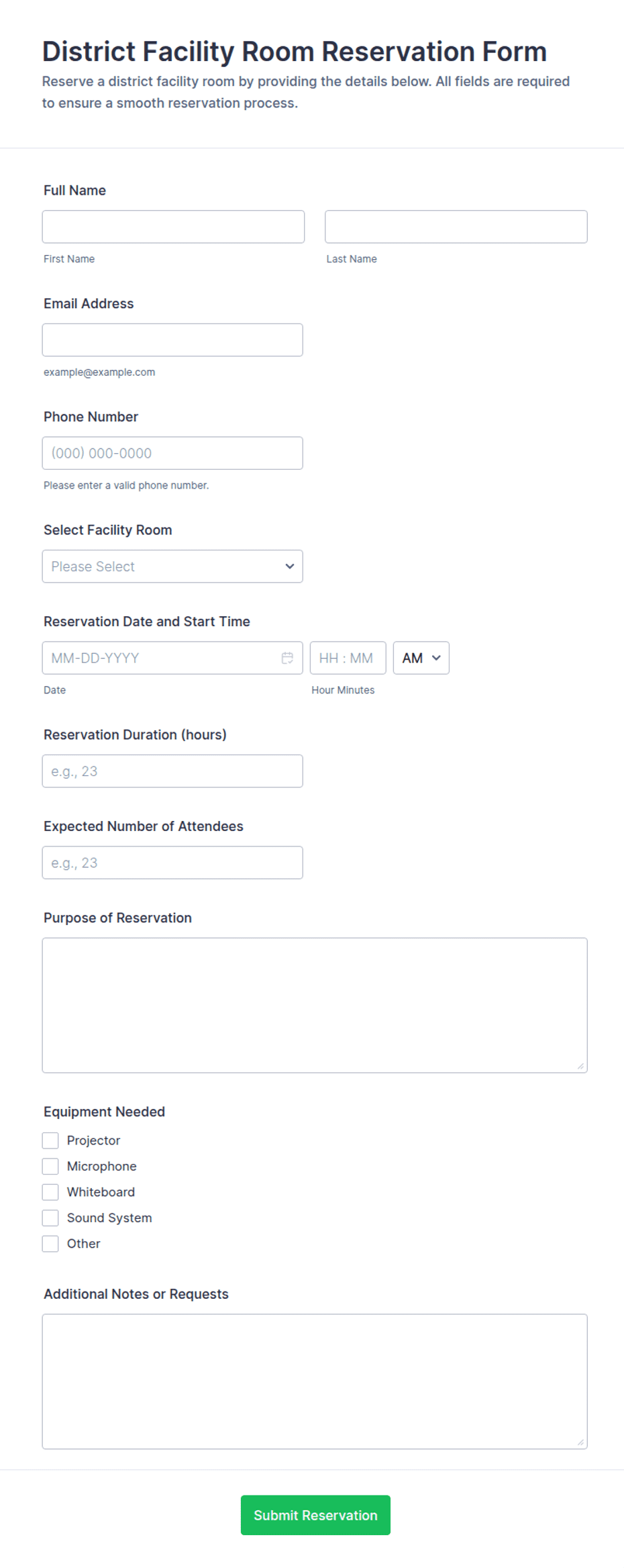 District Facility Room Reservation Form Template | Jotform