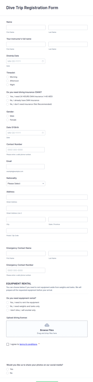 Dive Trip Registration Form Template