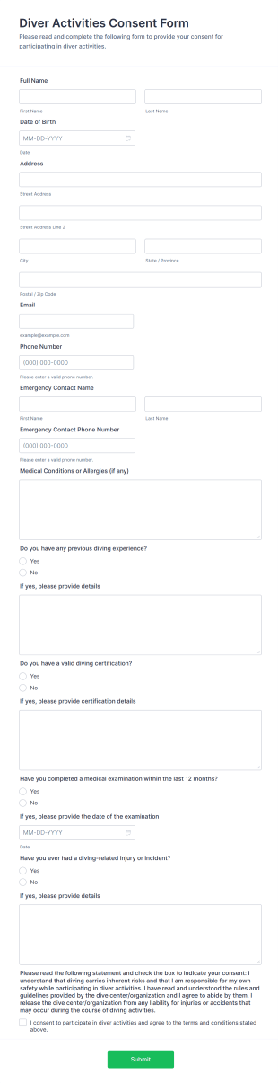 Diver Activities Consent Form Template