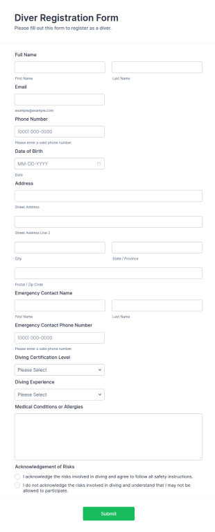 Diver Registration Form Template
