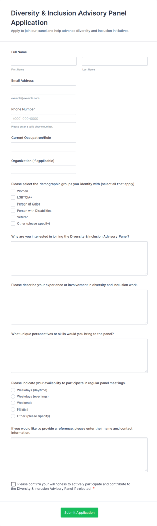 Diversity & Inclusion Advisory Panel Application Form Template