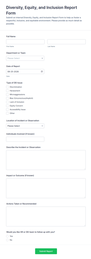 Diversity, Equity, And Inclusion Report Form Template