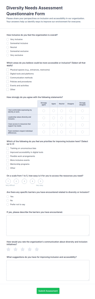 Diversity Needs Assessment Questionnaire Form Template