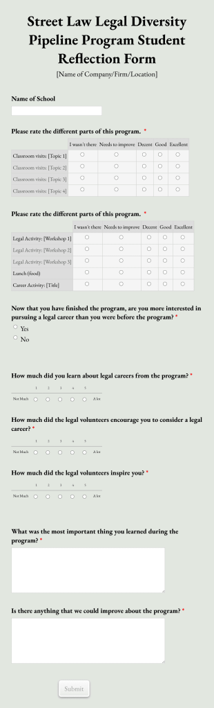 Street Law Legal Diversity Pipeline Program Student Reflection Form Template