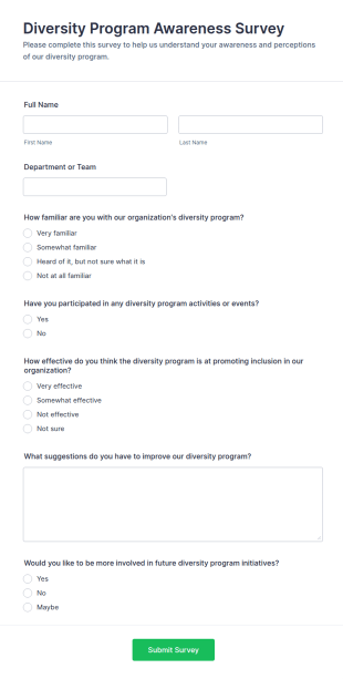 Diversity Program Awareness Survey Form Template