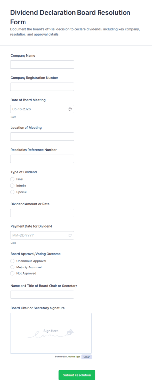 Dividend Declaration Board Resolution Form Template