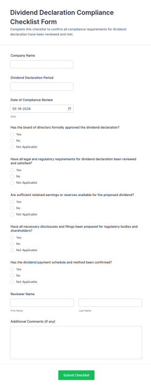 Dividend Declaration Compliance Checklist Form Template
