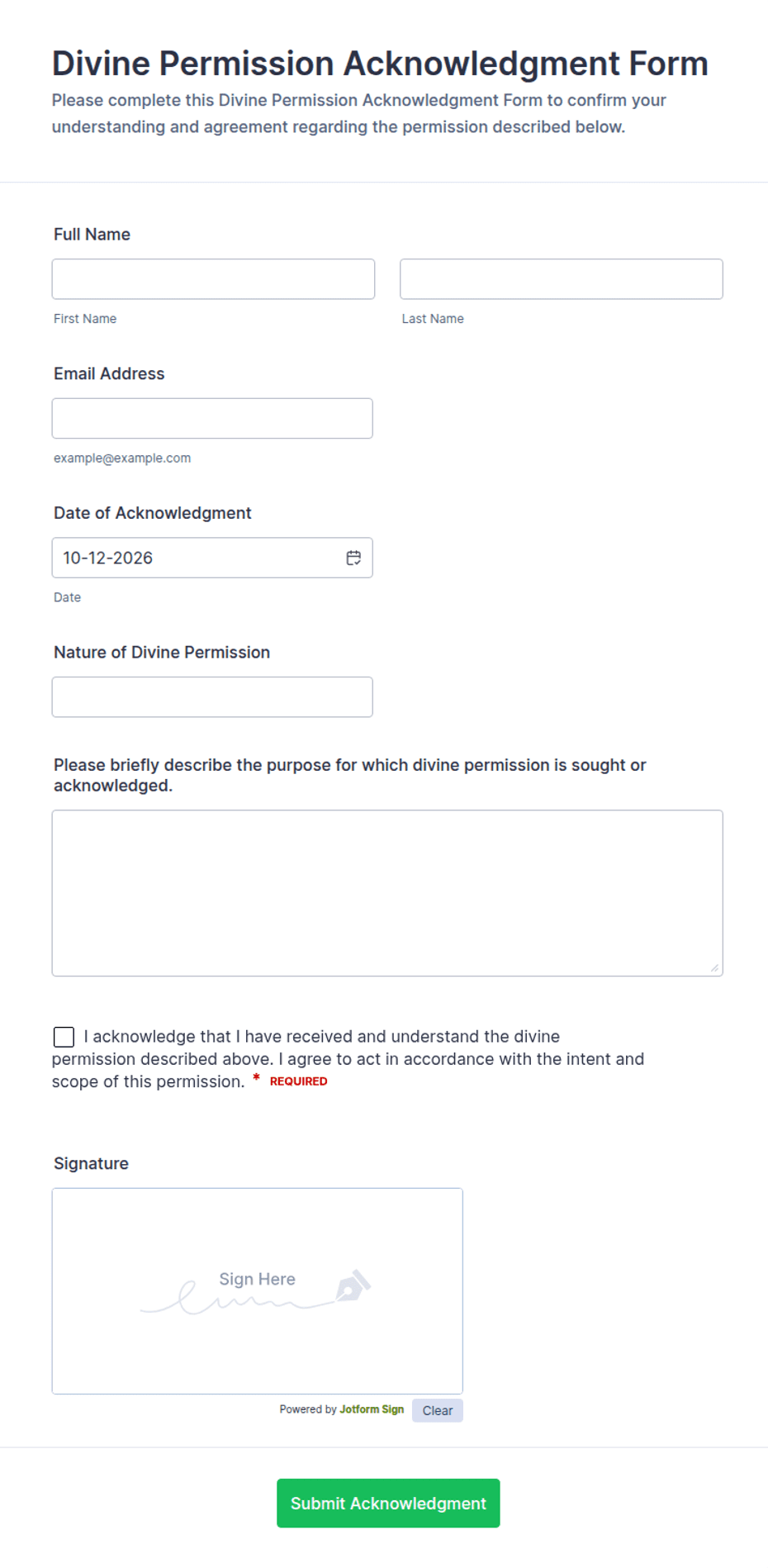 Divine Permission Acknowledgment Form Template | Jotform