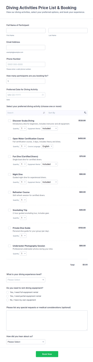 Diving Activities Price List & Booking Form Template