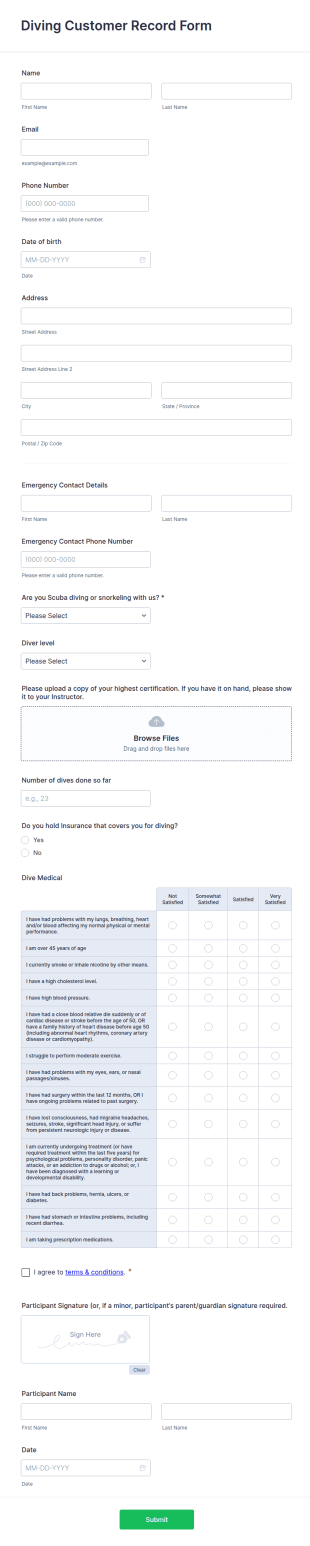 Diving Customer Record Form Template