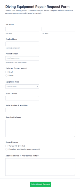 Diving Equipment Repair Request Form Template