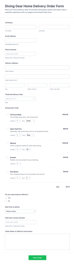 Diving Gear Home Delivery Order Form Template