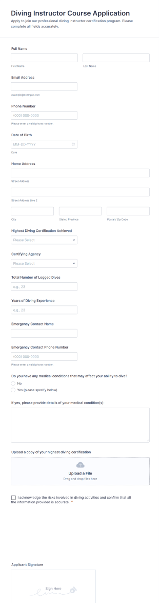Diving Instructor Course Application Form Template