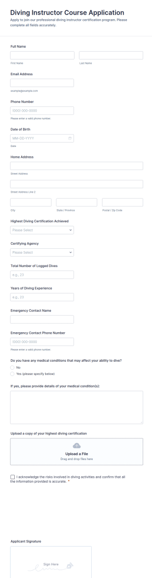Diving Instructor Course Application Form Template