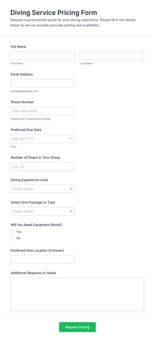 Diving Service Pricing Form Template