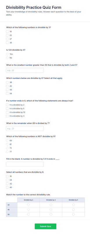 Divisibility Practice Quiz Form Template