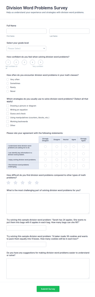 Division Word Problems Survey Form Template