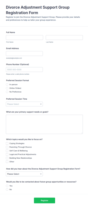 Divorce Adjustment Support Group Registration Form Template