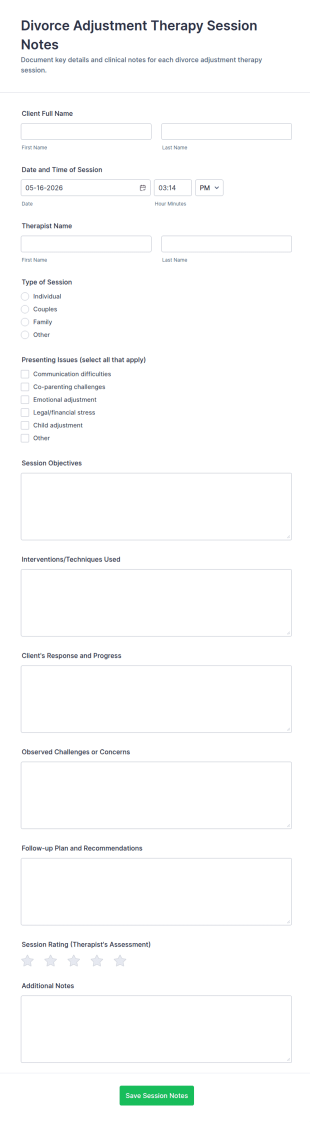 Divorce Adjustment Therapy Session Notes Form Template