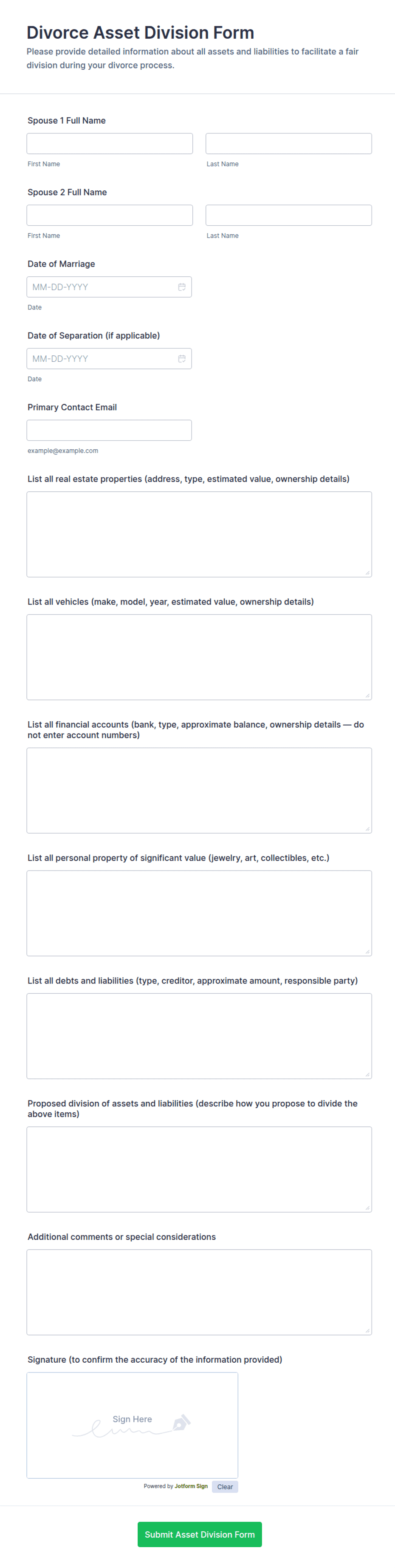Divorce Asset Division Form Template | Jotform