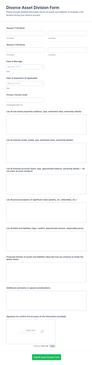 Divorce Asset Division Form Template