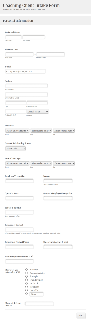 Divorce Coaching Client Intake Form Template