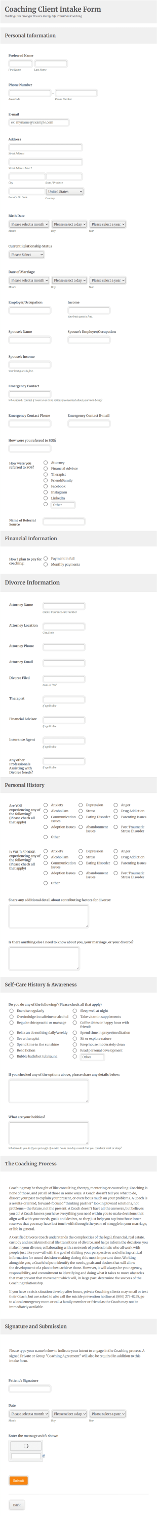 Divorce Coaching Client Intake Form Template