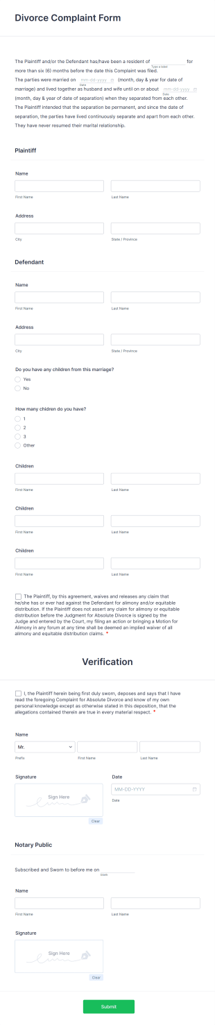 Divorce Complaint Form Template