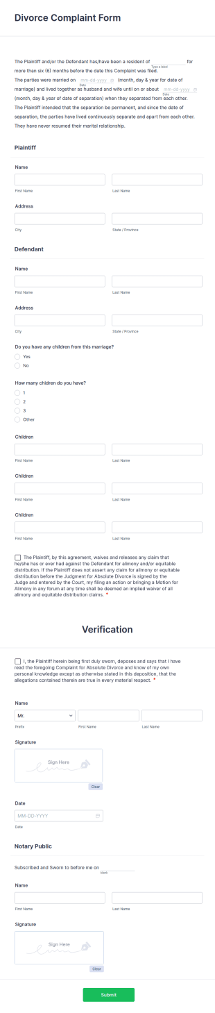 Divorce Complaint Form Template