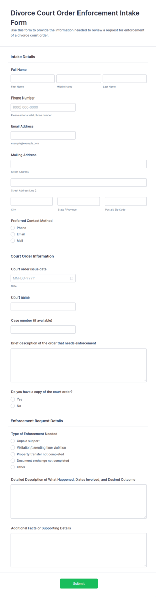 Divorce Court Order Enforcement Intake Form Template