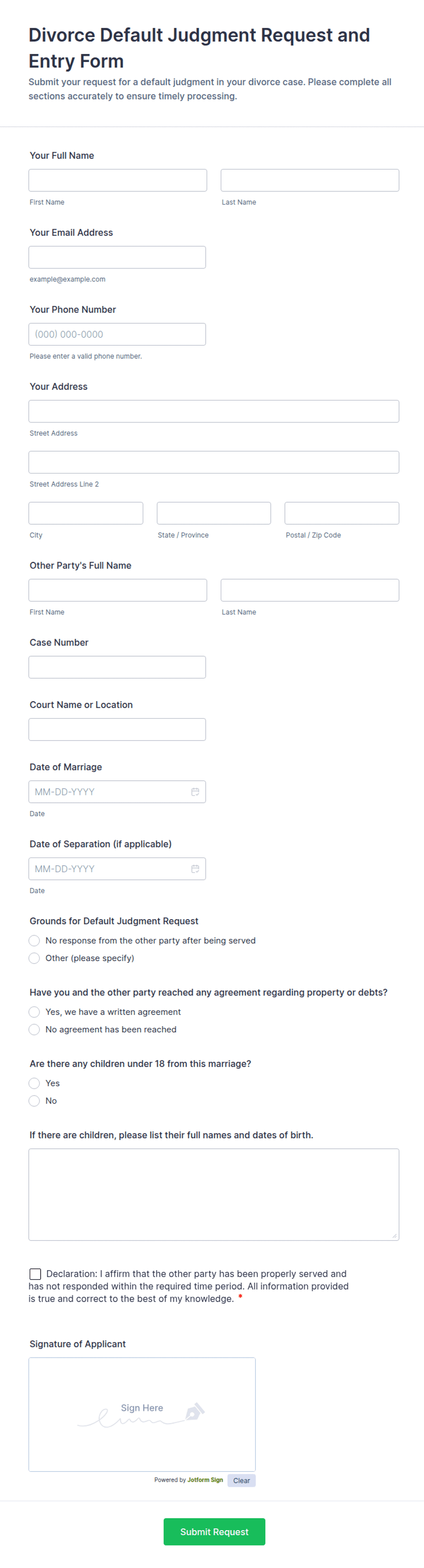 Divorce Default Judgment Request and Entry Form Template | Jotform