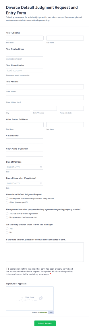 Divorce Default Judgment Request And Entry Form Template