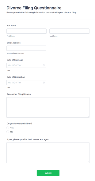 Divorce Filing Questionnaire Form Template