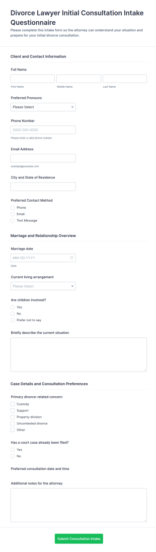 Divorce Lawyer Initial Consultation Intake Form Template
