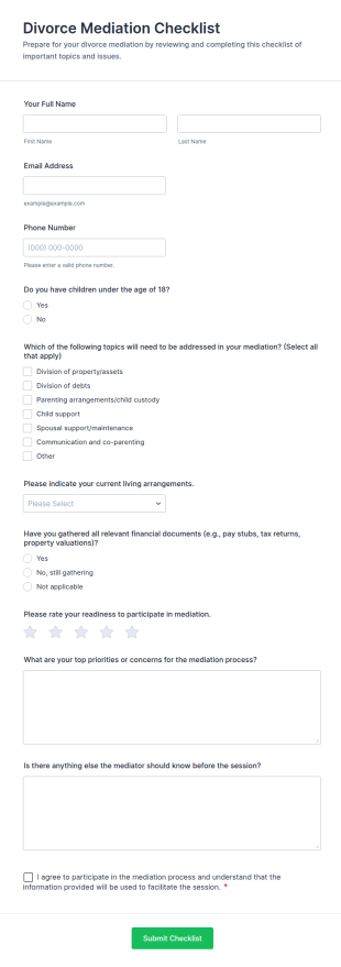 Divorce Mediation Checklist Form Template