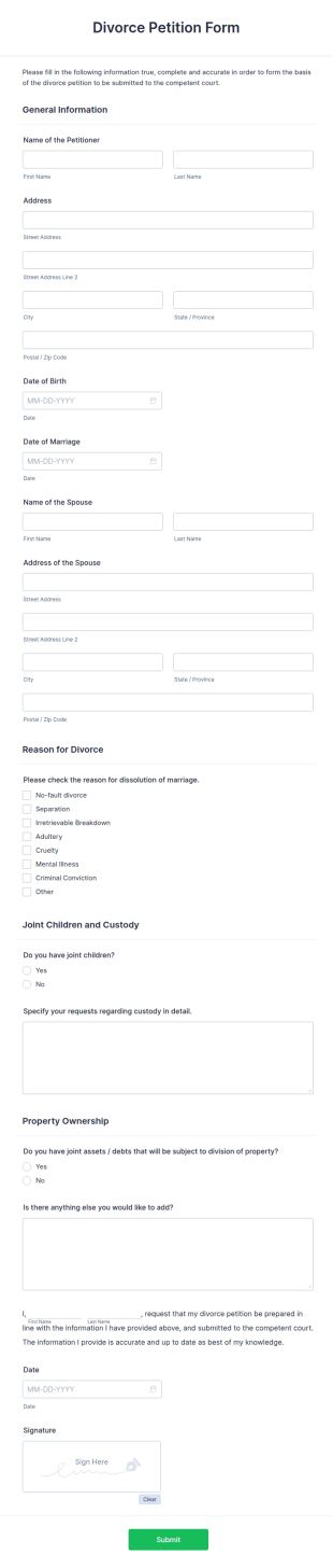Divorce Petition Form Template