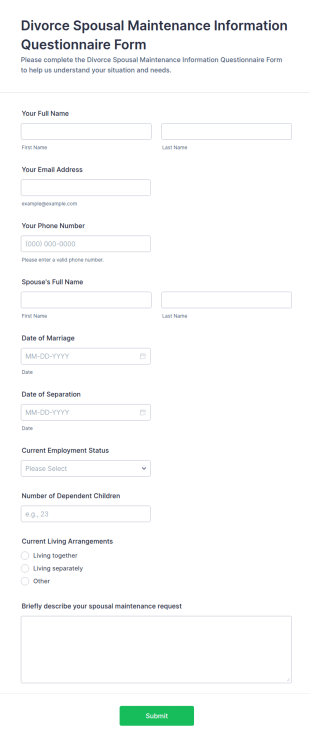 Divorce Spousal Maintenance Information Questionnaire Form Template