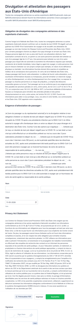 Divulgation Et Attestation Des Passagers Aux États Unis D'Amérique