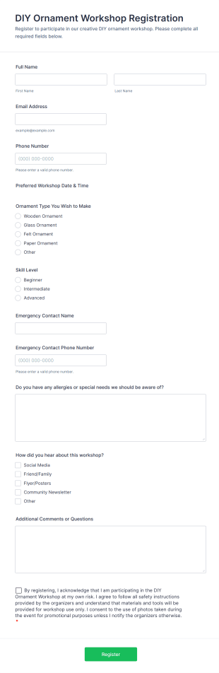 DIY Ornament Workshop Registration Form Template