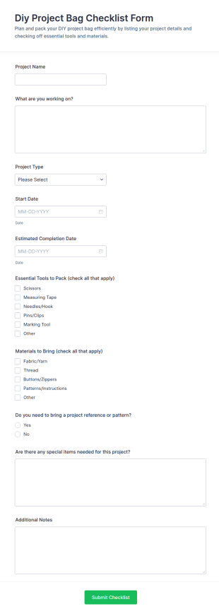 DIY Project Bag Checklist Form Template