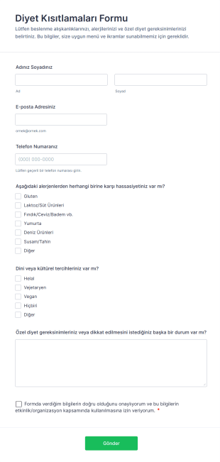 Diyet Kısıtlamaları Form Template