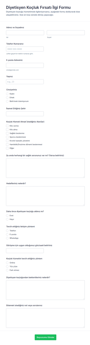 Diyetisyen Koçluğu İlgi Form Şablonu