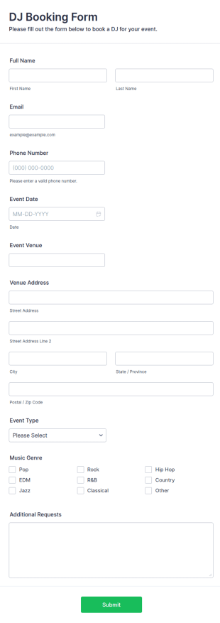 DJ Booking Form Template