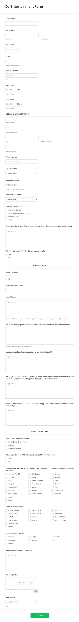 DJ Entertainment Form Template