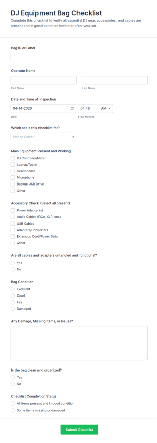 DJ Equipment Bag Checklist Form Template