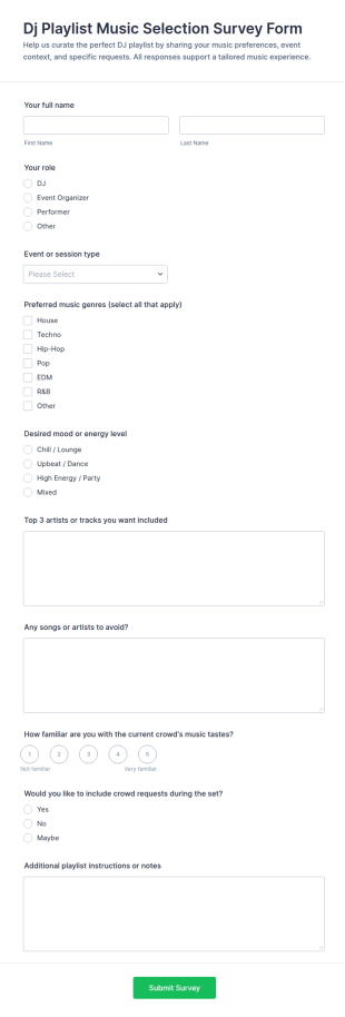 DJ Playlist Music Selection Survey Form Template