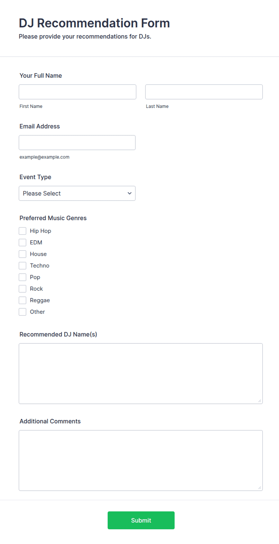 DJ Recommendation Form Template | Jotform