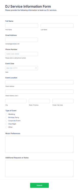 DJ Service Information Form Template