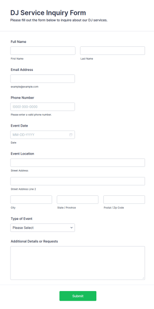 DJ Service Inquiry Form Template